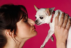 woman holding up cute dog